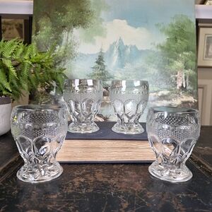 Set of 4 Vintage Pressed Glass Tumblers Diamond Cut Design Footed Juice Glasses